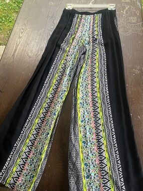 Xhilaration Black Wide-Leg Pants with Neon and Floral Stripe Panels